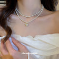 Double Strand White Pearl Necklace Iridescent Heart Pendant view 3