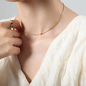 Gold Rice Bead Chain Multicolor Accent Bead Necklace