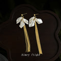 Gold Tone White Pearlescent Petal Long Chain Tassel Earrings view 4