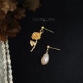 Asymmetric Gold Tone Rose And Baroque Pearl Drop Stud Earrings view 1
