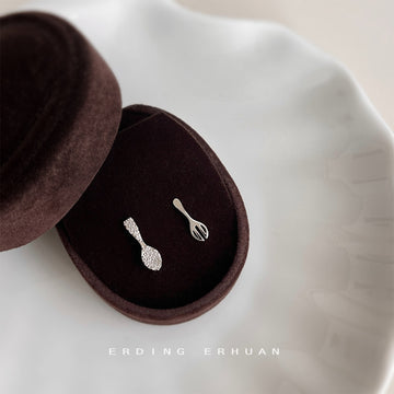 Silver Crystal Pave Spoon Fork Asymmetric Mini Stud Earrings