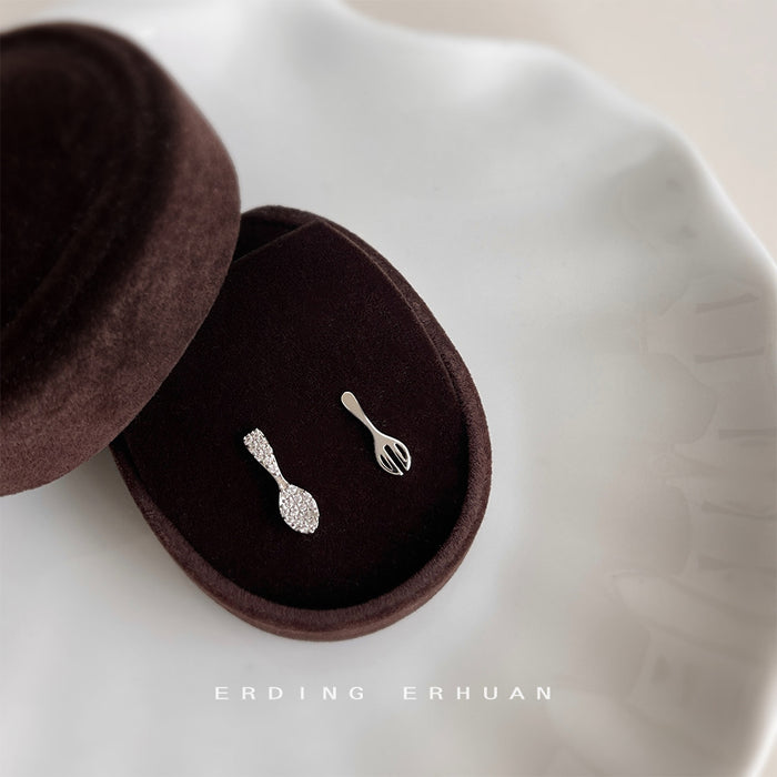 Silver Crystal Pave Spoon Fork Asymmetric Mini Stud Earrings
