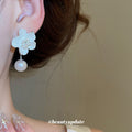 White Flower Stud Earrings With Pearl Drops Jewelry Pair view 3