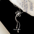 Silver Tone Crystal Open Flower Lariat Necklace Statement Jewelry view 2