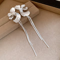 Sculpted Petal Long Bar Tassel Earrings in Gold and Silver Tone view 2