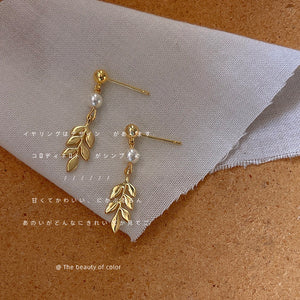 Gold Ball Stud Pearl Wheat Leaf Drop Dangle Earrings