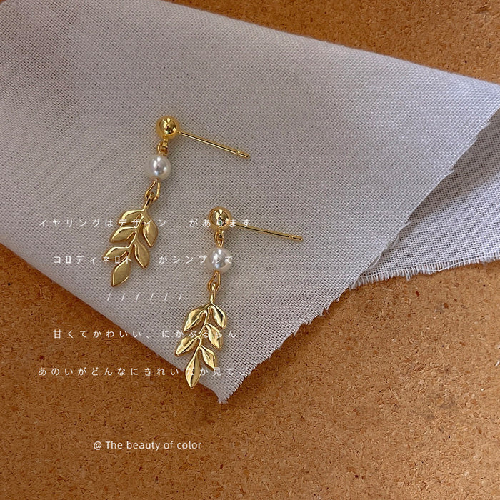 Gold Ball Stud Pearl Wheat Leaf Drop Dangle Earrings