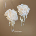 Ivory Fabric Flower Beaded Tassel Earrings Decorative Jewelry view 4