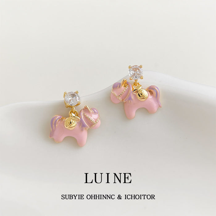 Gold Tone Clear Stone Top And Pink Pony Stud Earrings