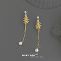 Gold Tone Clear Stone Branch Chain And Pearl Long Drop Earrings view 6