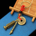 Antique Gold Tone Pagoda Brush Coin Keychain With Red Cord view 2