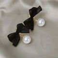 Black Fabric Bow and White Pearl Look Drop Earrings view 3