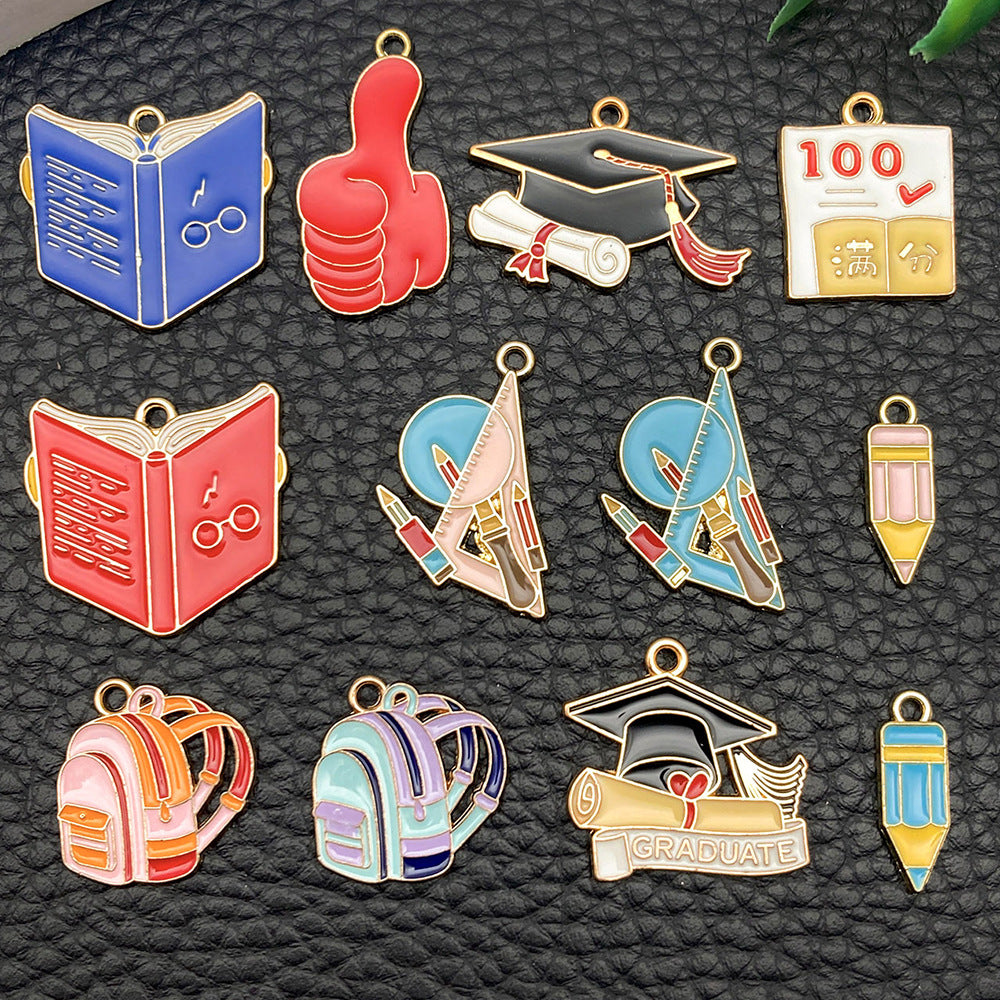 Enamel Zinc Alloy Graduation Cap Schoolbag Book Pen Charm Pendants for DIY Keychain Jewelry