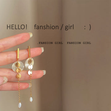 Gold Tone Translucent Disc Chain And Pearlescent Teardrop Earrings