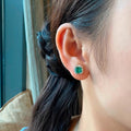 Green Rectangular Solitaire Baguette Halo Stud Earrings In Silver Tone view 3
