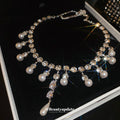Silver Crystal Pearl Fringe Teardrop Statement Necklace view 4