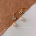 Gold Tone Clear Stone Floral Square And Irregular Pearl Drop Earrings view 6