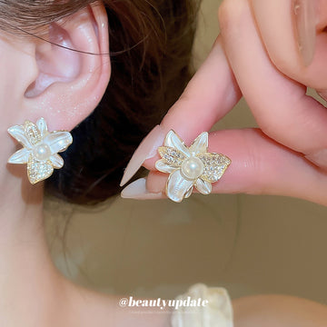 White Flower Stud Earrings with Clear Crystal Petals
