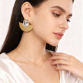 Gold Textured Fan Glass Stone Necklace And Stud Earrings view 1