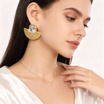 Gold Textured Fan Glass Stone Necklace And Stud Earrings