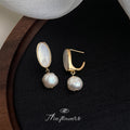 Gold Oval Shell Stud Drop Earrings White Baroque Pearl view 3