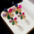 Multicolor Crystal Floral Drop Earrings with Pearl Teardrops view 6