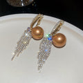 Gold Tone Orange Pearl Crystal Fringe Hoop Earrings view 6
