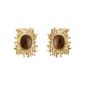 Gold Mesh Branch Frame Tiger Eye Oval Stud Earrings view 5