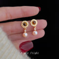 Gold Round Stud Pearl Drop Earrings Brown Center Stone view 3