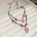 Pink Purple Glass Flower Double Layer Bead Necklace view 6