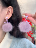 Purple Heart Bow and Fuzzy Pom Pom Long Drop Earrings view 6