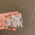 Crystal Bow and White Beaded Tassel Earrings Fashion Jewelry Accessories view 1