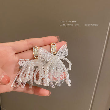 Crystal Bow and White Beaded Tassel Earrings Fashion Jewelry Accessories