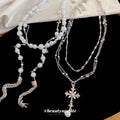 Silver Tone Layered Pearl Cross and Tassel Necklace view 2