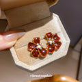 Deep Red Enamel Flower Stud Earrings With Crystal Centers view 4