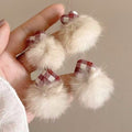 Plaid Knot and Faux Fur Pom Pom Earrings Statement Fashion Jewelry view 1