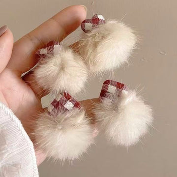 Plaid Knot and Faux Fur Pom Pom Earrings Statement Fashion Jewelry
