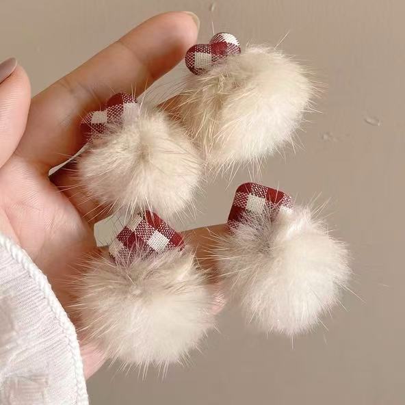 Plaid Knot and Faux Fur Pom Pom Earrings Statement Fashion Jewelry