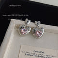 Silver Pink Glass Crystal Heart Drop Earrings Double Heart view 3