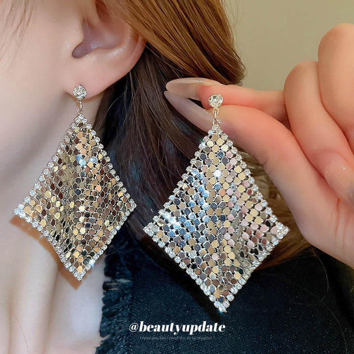 Silver Tone Crystal Mesh Diamond Statement Drop Earrings