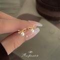 Gold Mini Bow Stud Earrings Clear CZ White Pearl Drop view 4