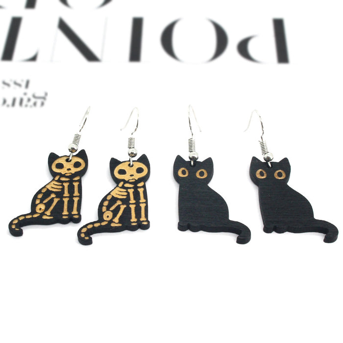 Black Cat and Skeleton Cat Wood Hook Earrings in Two Designs
