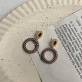 Houndstooth Circle Drop Earrings Red Cabochon Gold Stud view 3