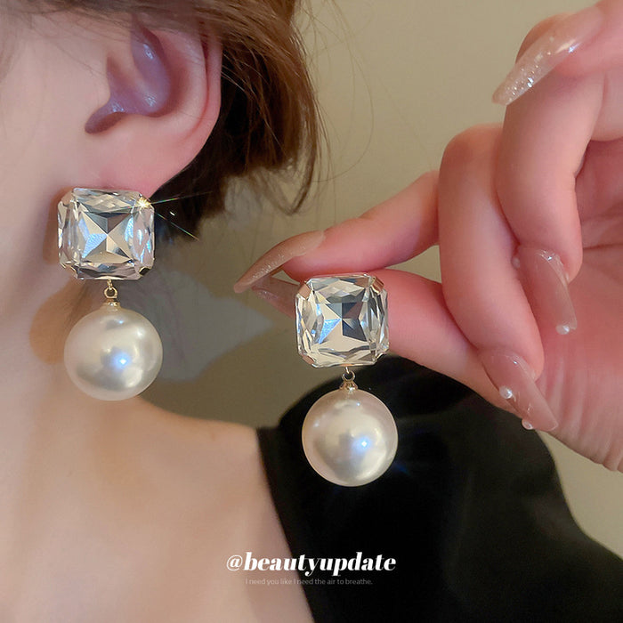 Square Crystal Pearl Drop Stud Earrings For Women Jewelry