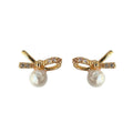 Gold Mini Bow Stud Earrings Clear CZ White Pearl Drop view 5