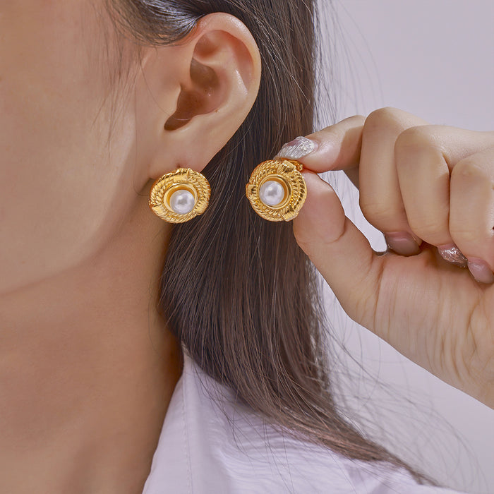 Twisted Rope Circle Stud Earrings With Imitation Pearl