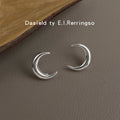 Silver Tone Polished Double Ridge Crescent Moon Stud Earrings view 3