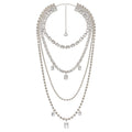 Silver Tone Layered Crystal Necklace with Geometric Drops view 5