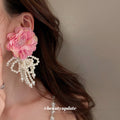 Fabric Rose and Pearl Loop Statement Earrings in Two Colors view 2