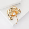 Ginkgo Leaf Brooch Matte Metal Pearl Center Stem Pin view 3